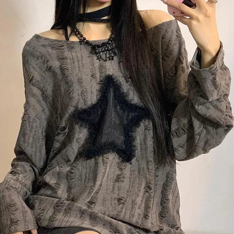 LionHeart It's So Cute!™ - Y2K Star Print Loose-Fit T-Shirt – Women's Fashion Streetwear Off-Shoulder Long-Sleeve Top for Spring/Summer