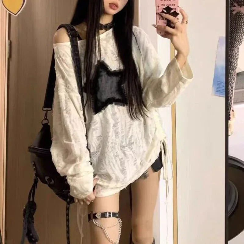 LionHeart It's So Cute!™ - Y2K Star Print Loose-Fit T-Shirt – Women's Fashion Streetwear Off-Shoulder Long-Sleeve Top for Spring/Summer