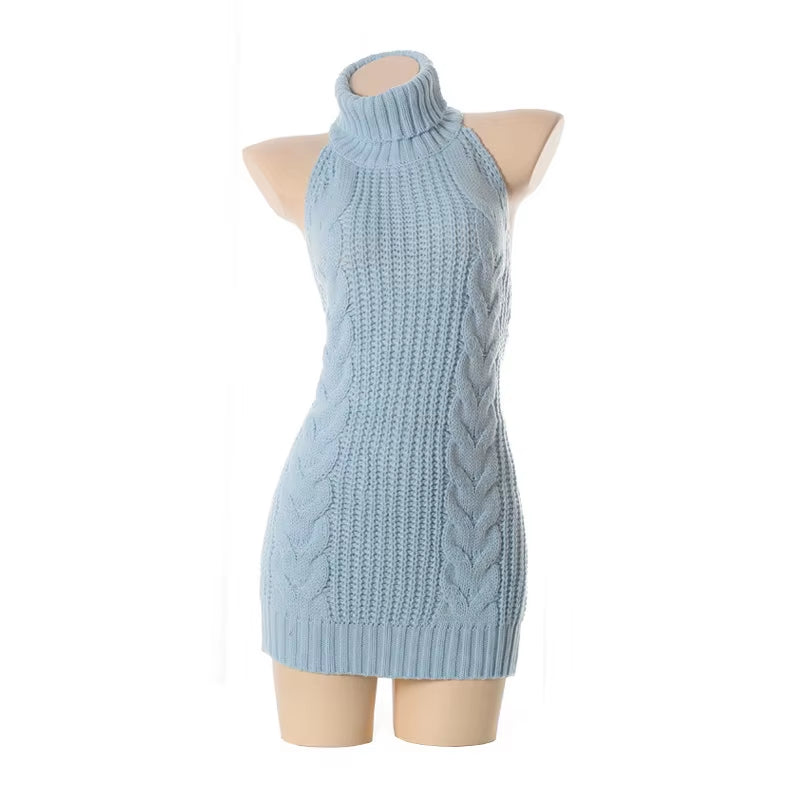 Fashion Backless Sleeveless off Shoulder Knitted Pullover Sweaters Hot Sexy Women Virgin Killer Turtleneck Jumper