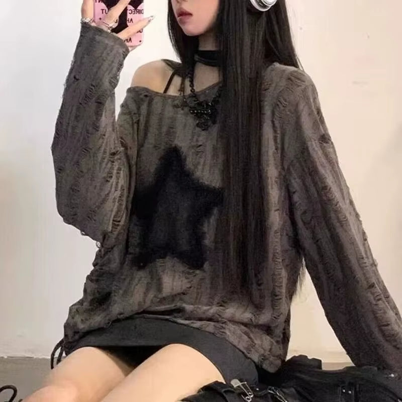 LionHeart It's So Cute!™ - Y2K Star Print Loose-Fit T-Shirt – Women's Fashion Streetwear Off-Shoulder Long-Sleeve Top for Spring/Summer