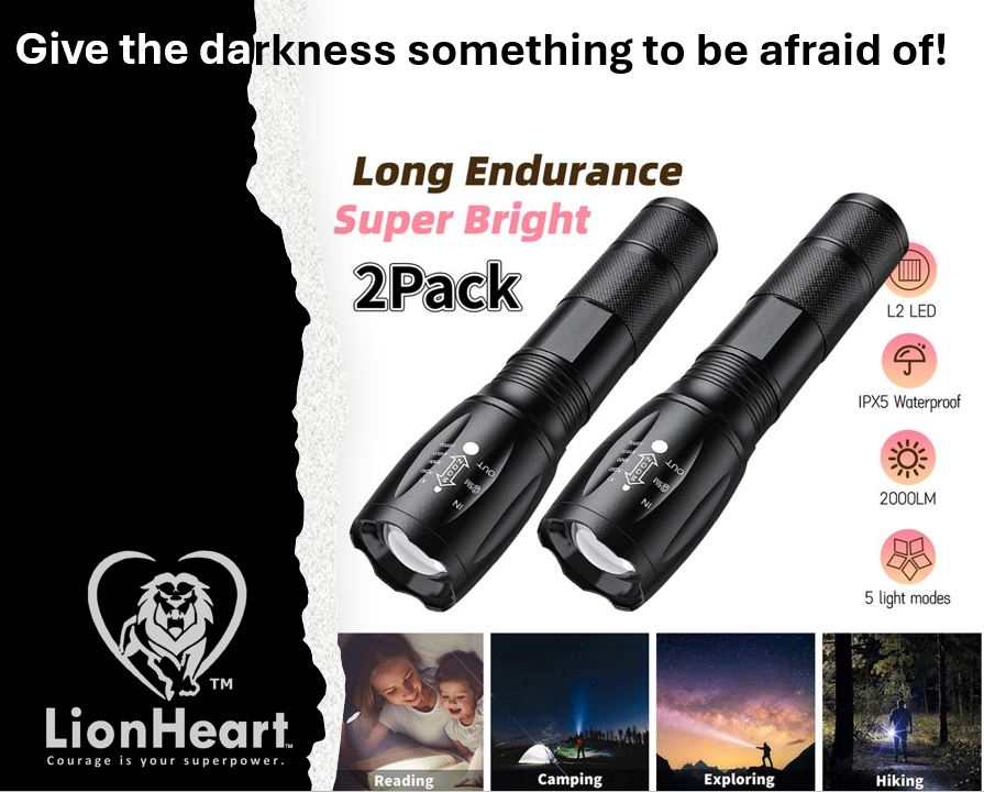 LionHeart 2-Pack Tactical 1000 Lumen LED Flashlight with 5 Modes, IPX5 Zoomable, Great for Camping, Vehicle, Outdoor Use, and Watching Out for Things That go "BUMP" in the Night