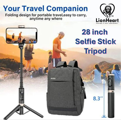 LionHeart 28" Lightweight Selfie Stick Tripod with Wireless Remote, Extendable Phone Stand for iPhone & Android