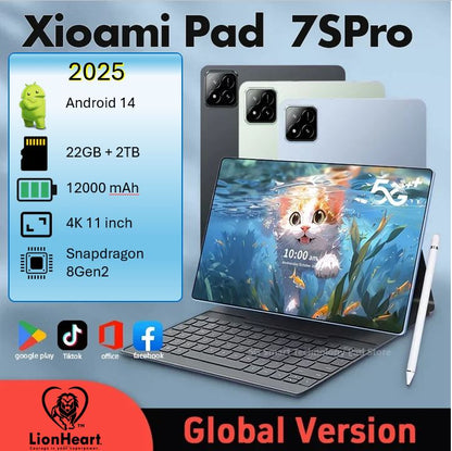 2025 New Global Edition Tablet PC Pad 7S Pro – Snapdragon 8Gen2, Android 14 HD 4K, 22GB + 2TB Memory, Dual SIM 5G WiFi, Advanced Cameras, Long Battery Life