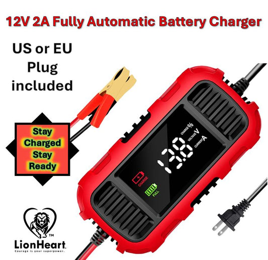 LionHeart 12V 2A Fully Automatic Battery Charger & Maintainer with Digital Display | For Cars, Motorcycles, Jet Skis & More