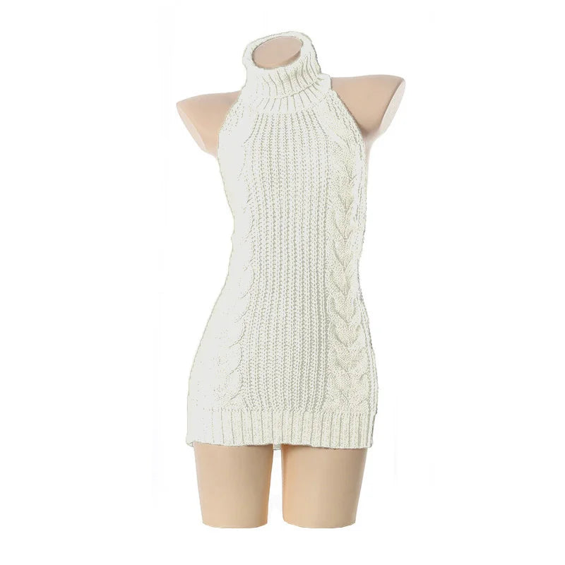 Fashion Backless Sleeveless off Shoulder Knitted Pullover Sweaters Hot Sexy Women Virgin Killer Turtleneck Jumper