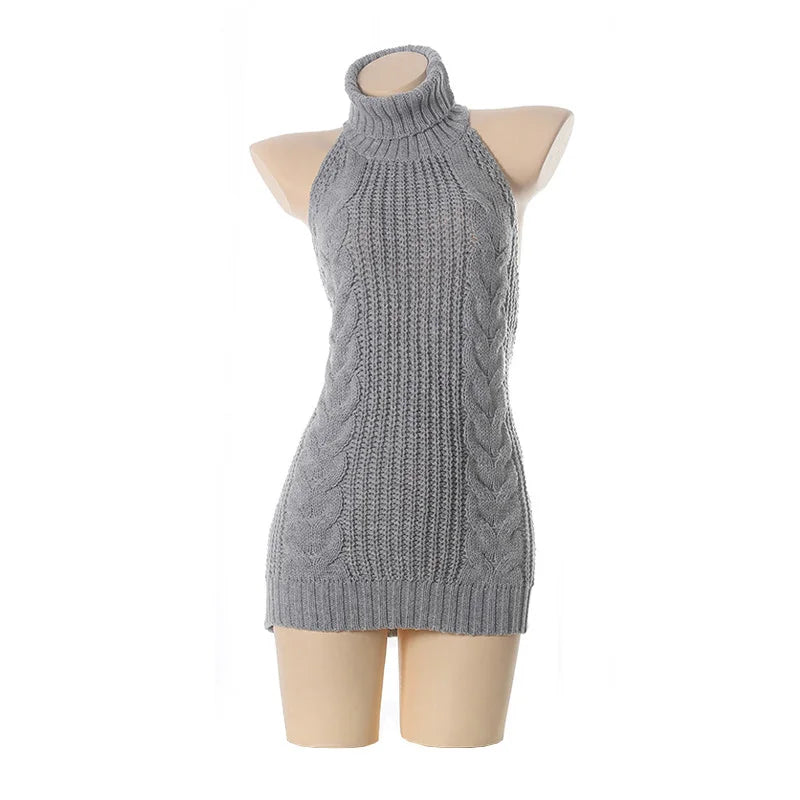 Fashion Backless Sleeveless off Shoulder Knitted Pullover Sweaters Hot Sexy Women Virgin Killer Turtleneck Jumper