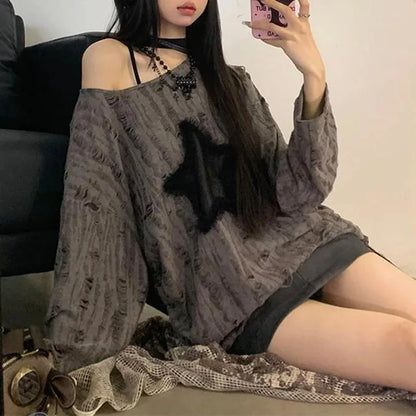 LionHeart It's So Cute!™ - Y2K Star Print Loose-Fit T-Shirt – Women's Fashion Streetwear Off-Shoulder Long-Sleeve Top for Spring/Summer