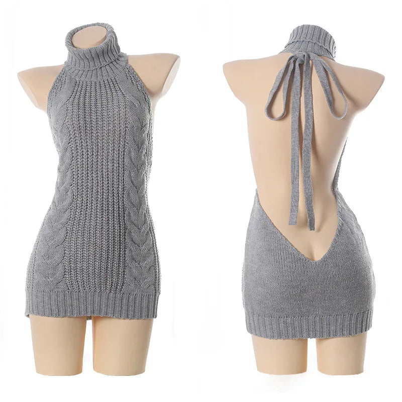 Fashion Backless Sleeveless off Shoulder Knitted Pullover Sweaters Hot Sexy Women Virgin Killer Turtleneck Jumper