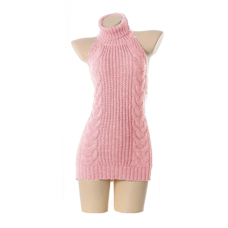 Fashion Backless Sleeveless off Shoulder Knitted Pullover Sweaters Hot Sexy Women Virgin Killer Turtleneck Jumper