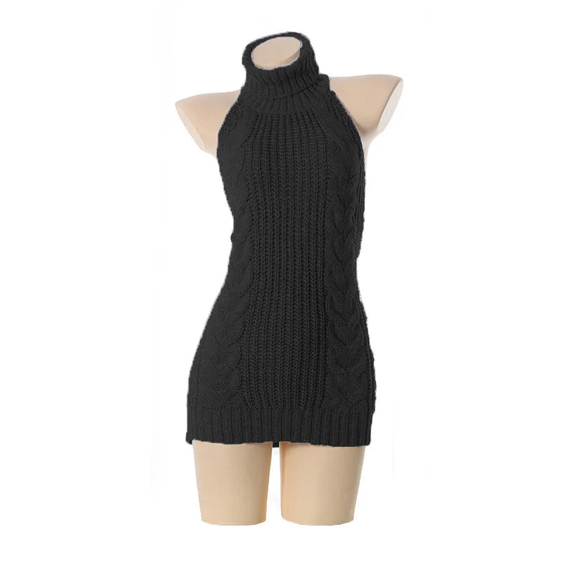 Fashion Backless Sleeveless off Shoulder Knitted Pullover Sweaters Hot Sexy Women Virgin Killer Turtleneck Jumper