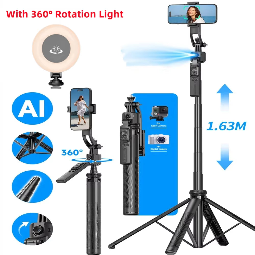 C17 360° Auto-Rotation Monopod with AI Tracking, Bluetooth Shutter, Fill Light, and Wireless Selfie Stick for Mobile Devices